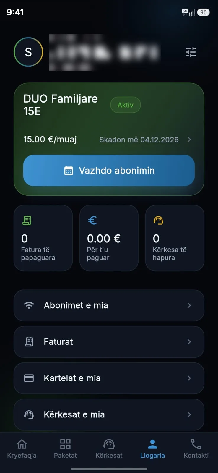 Ekrani i llogarisë në My MaxTV me paketën aktive DUO, butonin për vazhdimin e abonimit, faturat e papaguara dhe kërkesat e hapura.