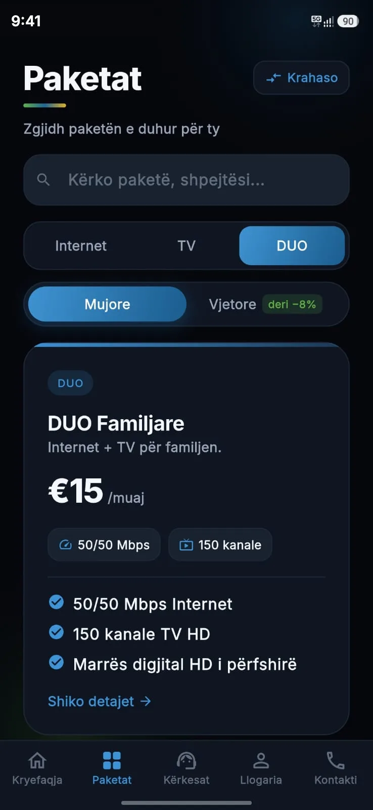 Ekrani i paketave në My MaxTV me paketën DUO Familjare për €15 në muaj, me pagesë mujore ose vjetore.
