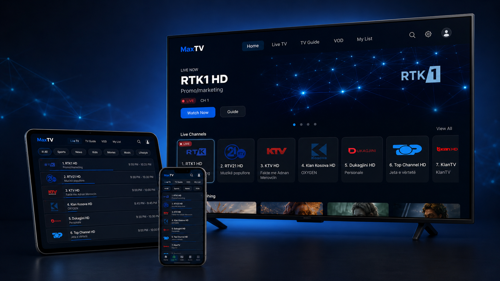 Aplikacioni MAXTV i shfaqur në televizor, tablet dhe telefon
